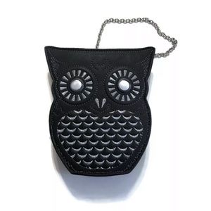 BCBG Black Faux Leather Owl Wristlet